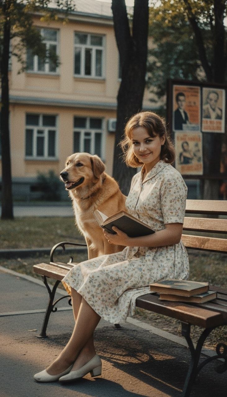 Девушка с книгой и собакой в советском дворе