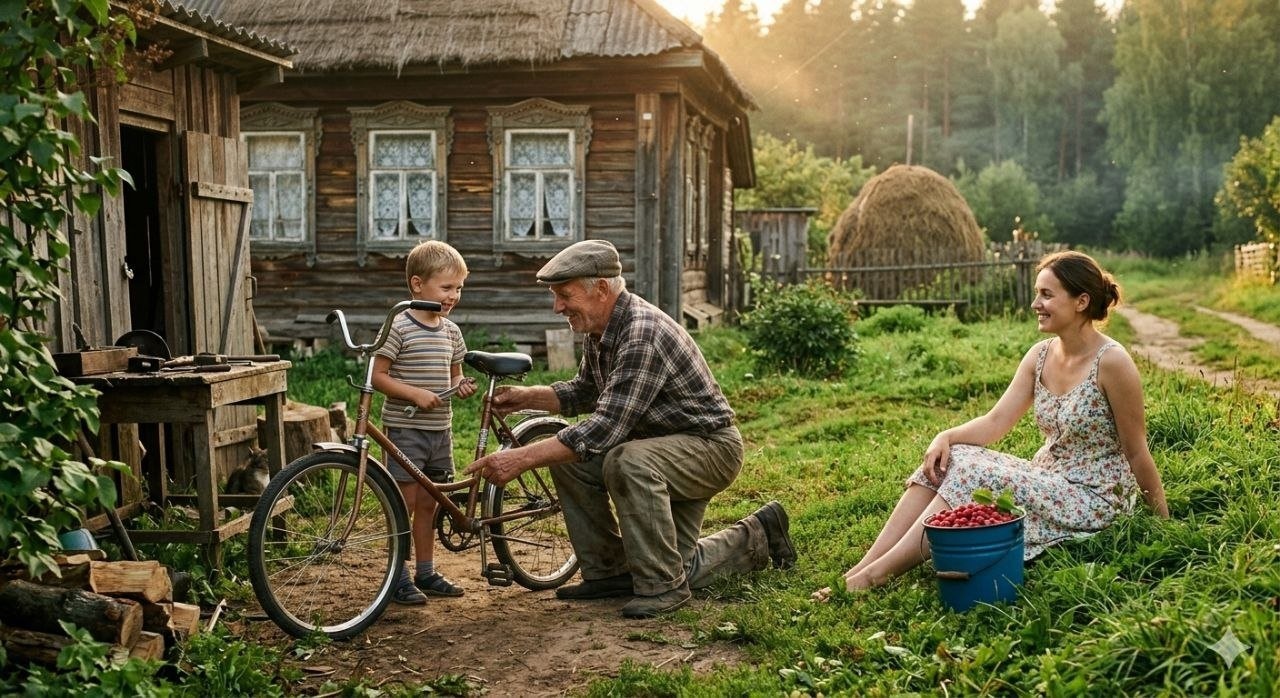 Дедушка учит внука в деревне