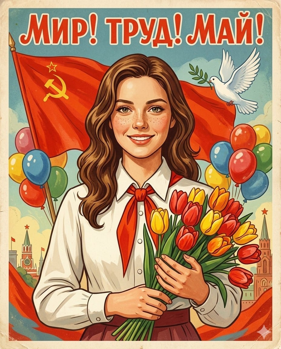 Девушка на советской открытке 1 Мая с пионерским галстуком