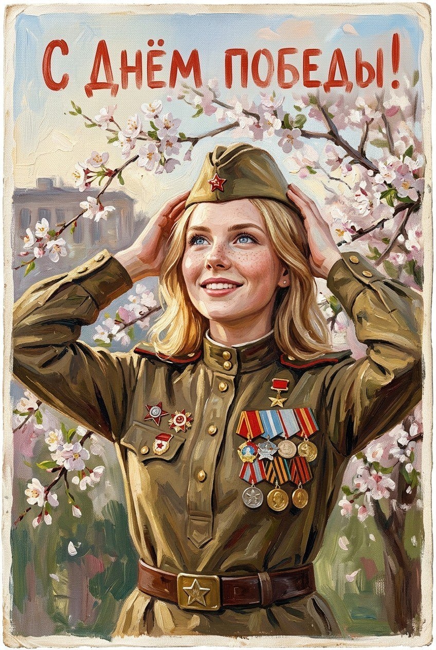 Девушка в советской военной форме — открытка на 9 Мая
