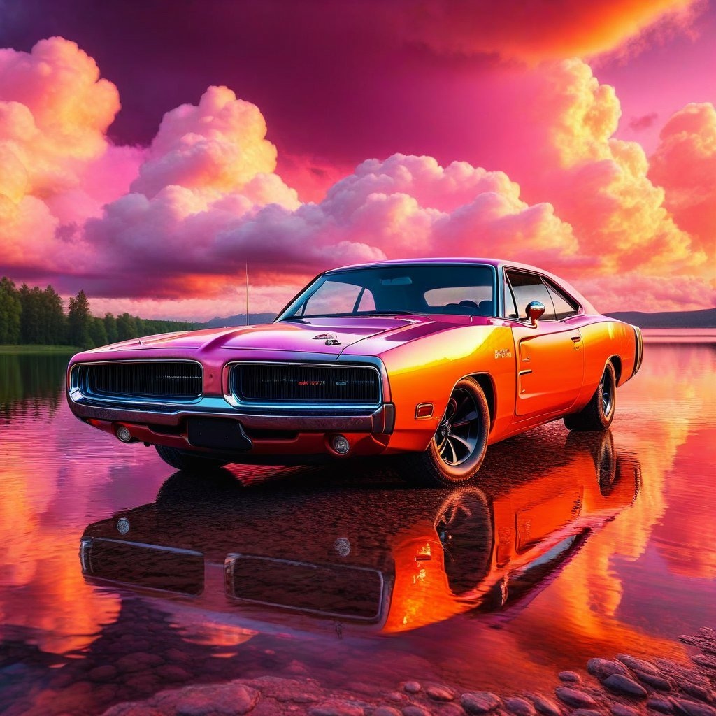 Оранжевый Dodge Charger в розовых облаках