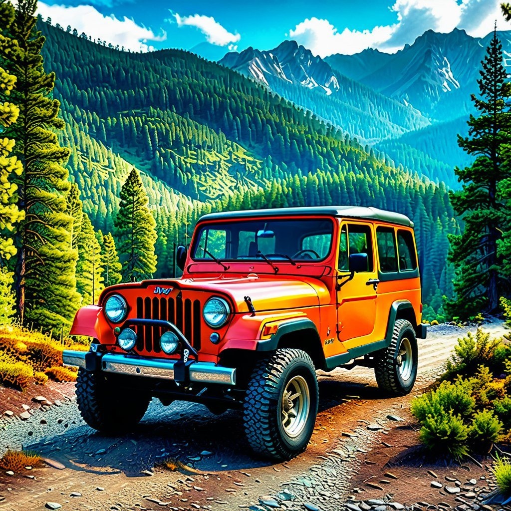 Винтажный Jeep в горном лесу