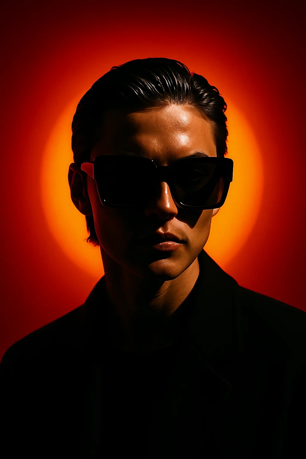 A person with slicked-back dark hair wearing overs...