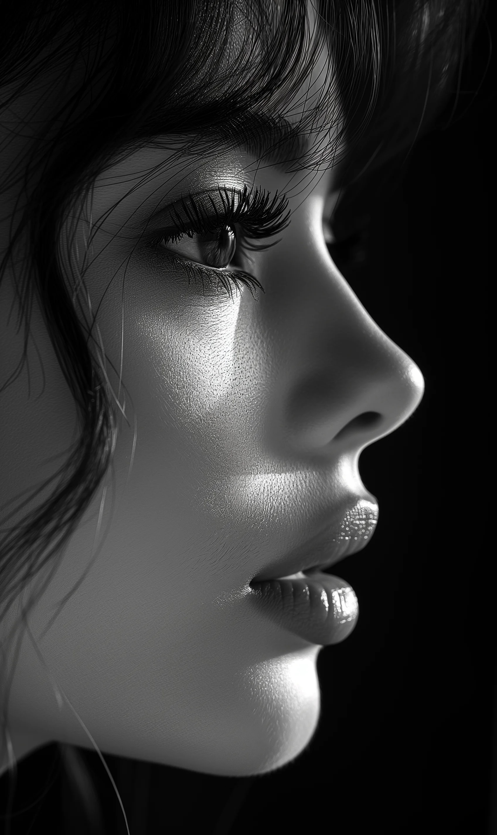 a black and white photo of a woman with shadow., i...