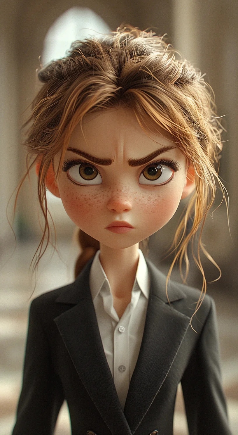 a young girl in a business suit with a very angry ...