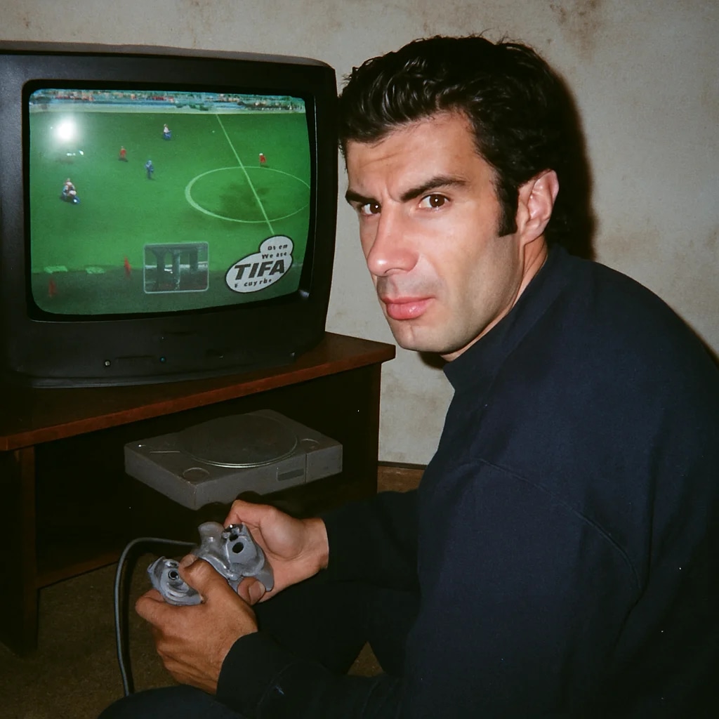 Grungy analog photo of Luis Figo circa 2000 playin...